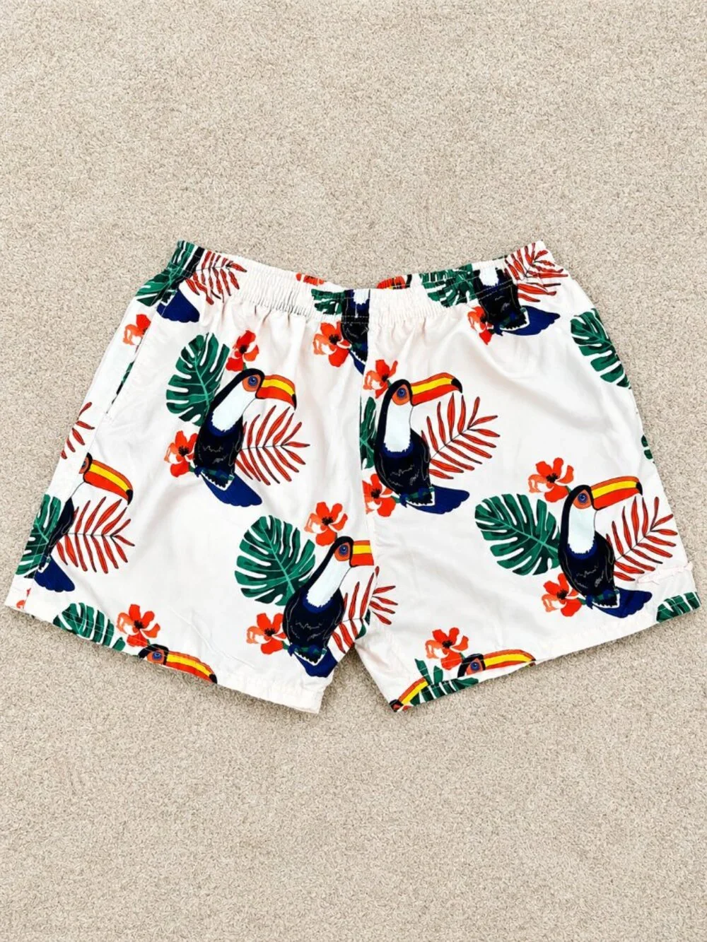 Uzzi XL Toucan Tropical Swim Trunks White Beach Vacation Swim Shorts